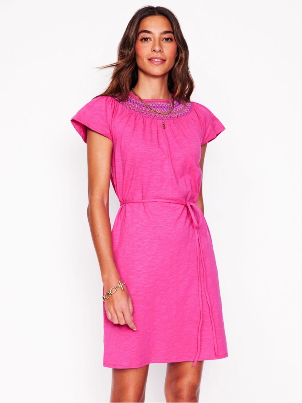 Boden Nina Smocked T-Shirt Dress Pink Cotton Short‎ Sleeve Embroidered Size 6